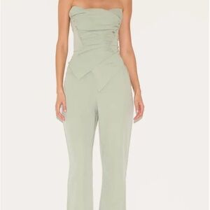 PrettyLittleThing Sage Green Ruched Corset Bandeau Jumpsuit